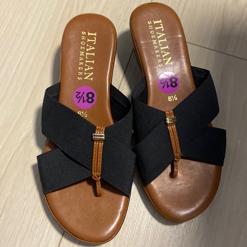 Woman's Black Slip-On Wedge Sandals by Italian Shoemakers